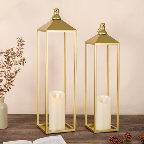 22'' 19'' Large Lanterns Decorative Outdoor Indoor, Set of 2 Gold Lantern by MATAHUMbeyourbetterchoice