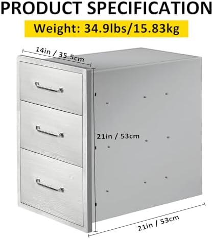 Outdoor Kitchen Drawers 14" W x 21"H x 21"D Stainless Steel Drawer Flush Mount Triple BBQ Drawers with Chrome Handle for Outdoor Kitchen Island, Patio Grill Station - Image 2