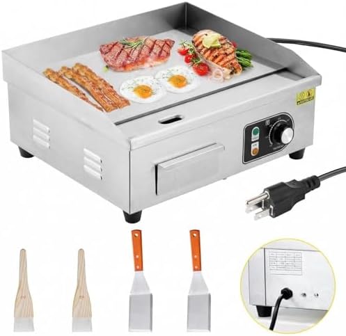 18" 1500W Stainless Steel Electric Griddle, Commercial Countertop Flat Top Grill with Adjustable 122–572°f Thermostat, Includes 2 Spatulas & Cleaning Brushes, Plug-in Grill for Indoor/Outdoor Cooking by Unknown