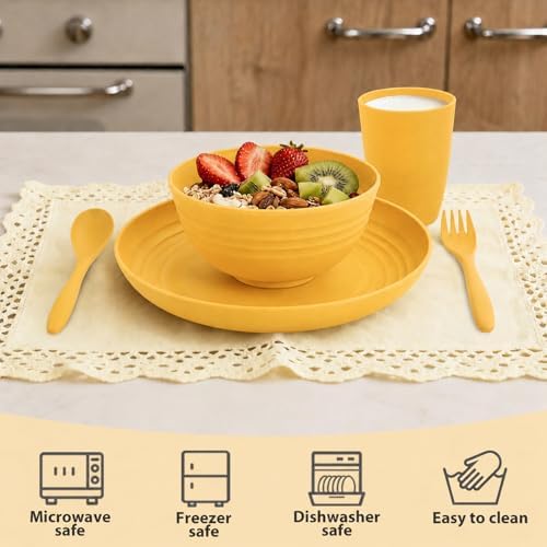 20 Piece Wheat Straw Dinnerware Sets for 4, Unbreakable Dish Set,Reuseable Kids Plates and Bowls Sets for 4, Lightweight Kitchen Dishware Set for Camping, Picnic, and Famliy Meal - Yellow - Image 3