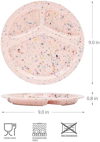 Bzyoo 9-Inch Melamine Divided Plates – 3-Section Portion Control Plates, Food Safe & Durable, Lightweight & Unbreakable, Reusable Tableware for Kids, Big Kids & Everyday Meals, Confetti Pink - Image 5