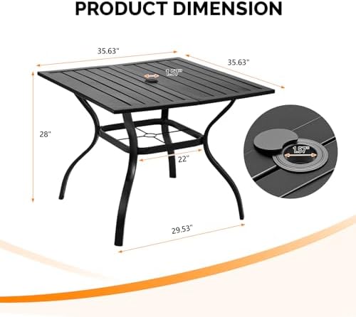 VINGLI 36" Square Patio Table for 4, Metal Outdoor Dining Table with Umbrella Hole, All-Weather Steel Patio Dining Table Outdoor Table for Lawn, Garden, Backyard, Black - Image 3