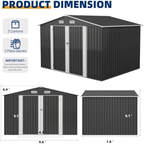 UDPATIO 10X8 FT Outdoor Storage Shed, Metal Shed for Patio&Garden,Grey - Image 4