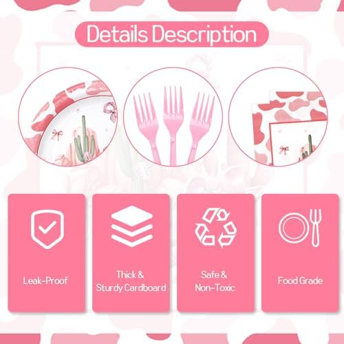 96Pcs Pink Western Cowgirl Paper Plates Napkins Set for 24 Guests - Image 3