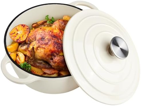 6 Quart Dutch Oven Enameled Cast Iron with Lid - Big Dual Handles - Oven Safe up to 500°F - Classic Round Pot for Versatile Cooking Cream by Alathote