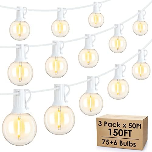 Mlambert 150Ft(3x50Ft) Outdoor String Lights, Connectable G40 Globe Patio Lights Connectable with 75+6 LED Plastic Bulbs for Outside Backyard Wedding-White Wire by Mlambert