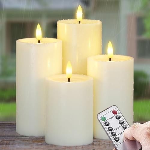 Yeelida Outdoor 4pcs Flameless Waterproof Candles with Handy Remote Control, Cycle Timer Battery Operated Candle Grease Effect LED Flickering Pillar Plastic Long Lasting (Ivory, 3" x4" 5" 6" 7") by Yeelida