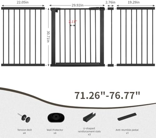 Extra Wide Dog Gate for Doorways Hallways 71.2"-76.7", 30 in Tall Baby Gates with Door No Drill, Auto Close Child Safety Gate for Pet Kid Doggie Cat Proof, Large Long Dog Barrier Indoor House, Black - Image 2