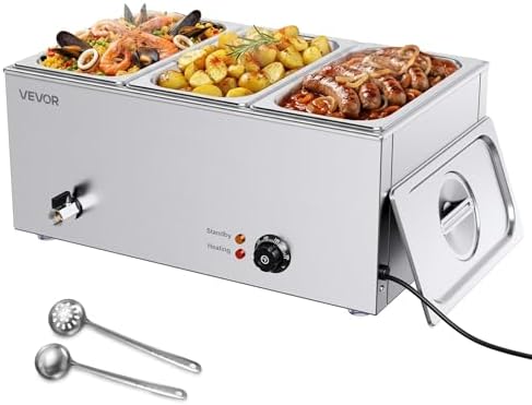 VEVOR 3-Pan Commercial Food Warmer, 24QT Electric Steam Table, 1200W Professional Countertop Stainless Steel Buffet Bain Marie with 86-185°F Temp Control for Catering and Restaurants, Silver by VEVOR