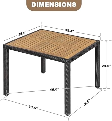 NUU GARDEN 35 Inch Square Outdoor Patio Dining Table for 4, Acacia Wood Tabletop Table with Rattan Wrapped Metal Frame, All Weather Patio Table for Garden Backyard Lawn, Black - Image 3