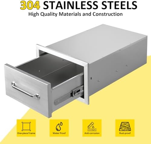 Outdoor Kitchen Drawers 14" W x 8.5" H x 23" D Flush Mount Single BBQ Drawers with Chrome Handle Built-in Stainless Steel Drawer for Outdoor Kitchen Island, Patio Grill Station - Image 3