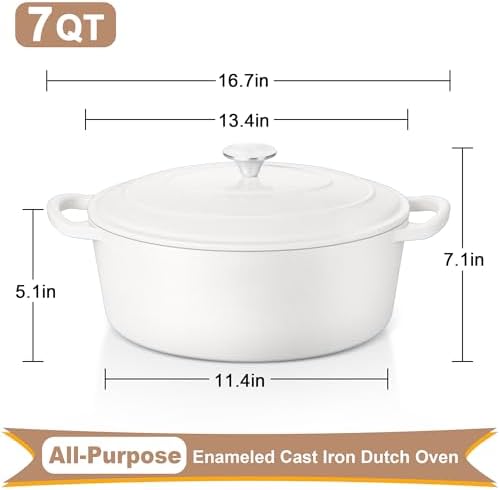 E-far 7QT Oval Dutch Oven Pot with Lid, White Enameled Cast Iron Dutch Oven - Image 2