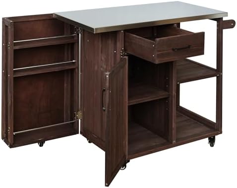 Outdoor Kitchen Island Cart with Stainless Steel Top, Rolling Grill Table with Storage Cabinet Drawer Shelves & Towel Rack, Wooden BBQ Prep Station with Lockable Wheels for Patio Backyard, Dark Brown - Image 6