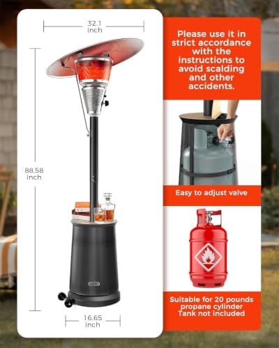 50,000 BTU Patio Heater for Outdoor Use With Adjustable Heat Focusing Top, Portable Propane Patio Heater with Wheels, Stainless Steel Burner for Porch, Deck, Garden, Commercial (Black) - Image 4