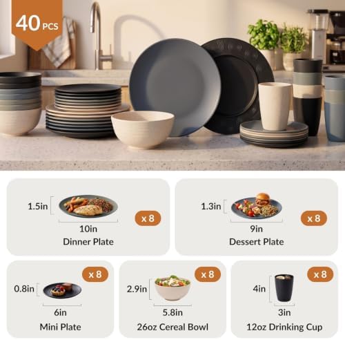 Homienly 40 PCS Wheat Straw Dinnerware Sets Dishes Set for 8 Unbreakable Plates and Bowls Sets for Kitchen Dishwasher and Microwave Safe Plate Set Camping, Apartment, Kids-Grey Stone - Image 2
