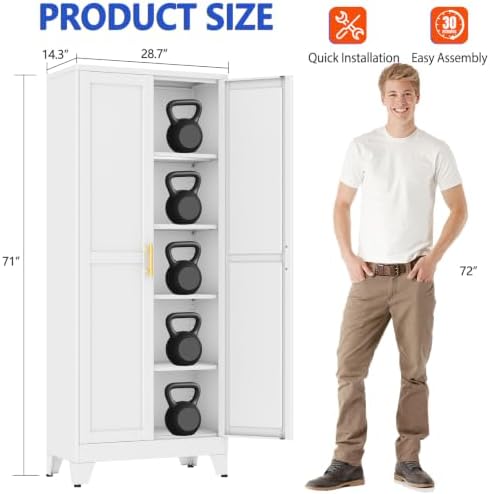 GAIOUS 71''Tall Metal Garage Storage Cabinet,File Cabinet with Door and Adjustable Shelves, Outdoor Steel Tool Cabinet for Home,Office,Warehouse,Garage,White - Image 2