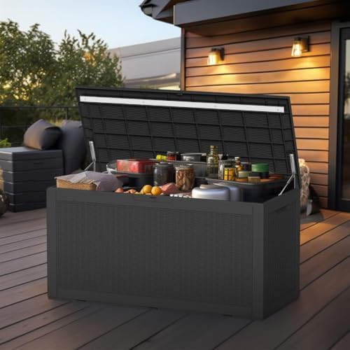 ROJIK Outdoor Storage Housing Deck Box - Waterproof Patio Furniture, Garden Tools, Cushions, Pool Accessories Storage Bench with Lockable Lid and Side Handles (Black 110 Gal) - Image 6