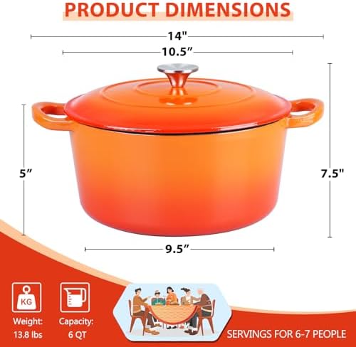 E-far 6 Quart Dutch Oven, Enameled Cast Iron Dutch Oven Pot with Lid, Nonstick Round Cookware for Braising/Stews/Roasting/Bread Baking/Cooking, Heavy Duty, Induction & Oven Safe - Orange - Image 2