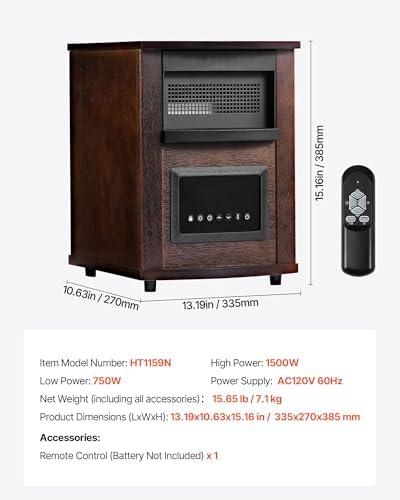 VEVOR Infrared Heater, 1500W Electric Space Heater with Remote Control, LED Screen & 24H Timer, Multiple Temperature Adjustable for Patio Bedroom,Living Room,Studio,Dining Room - Image 7