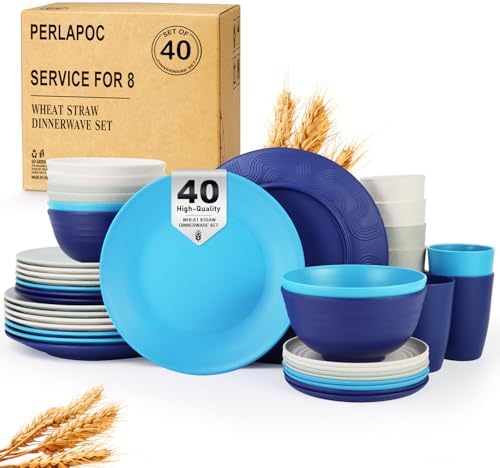 Dinnerware Set 40 PCS Wheat Straw Dishes Set - Service for 8 Unbreakable Plastic Dish Set Microwave Safe Plates and Bowls Sets Lightweight Cups Sets Outdoor Dishes - Island Colors by Perlapoc