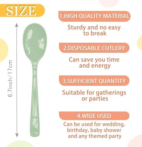 SietDESEO 25 PCS Sage Green Plastic Spoons Disposable Utensils Heavy Duty Sage Green Spoons Disposable Cutlery for Birthday Wedding Baby Shower Bridal Shower Plastic Silverware - Image 3