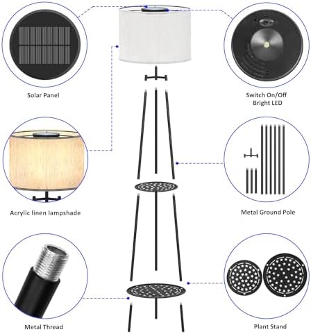 MXwcy 2Pack Solar Outdoor Floor Lamps with Plant Shelves, Waterproof Solar Standing Lamps for Patio Porch Garden Yard, Auto On/Off Warm LED Outdoor Floor Lights, Cordless 2-Tier Plant Stand Decor - Image 6