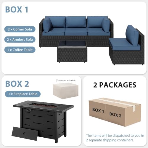 Shintenchi 6 Piece Outdoor Patio Furniture Set with 43 Inch Propane Fire Pit, Washable Cushions, Glass Coffee Table, Waterproof Cover & CSA Certified for Backyard Poolside, Black PE Rattan/Navy Blue - Image 7