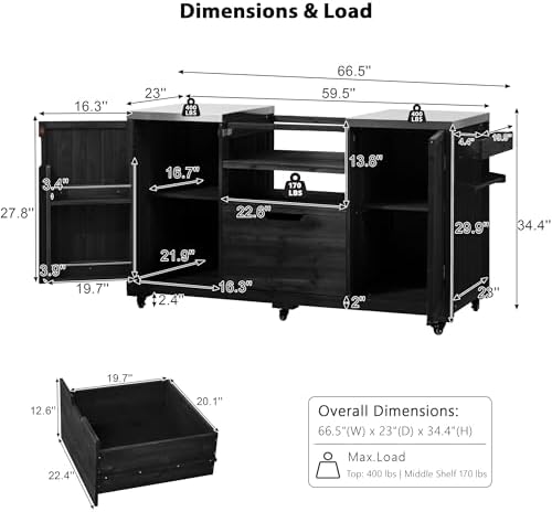JIJIWANG 66.5" Outdoor Kitchen Island with Drawer and Stainless Top, Black - Image 2