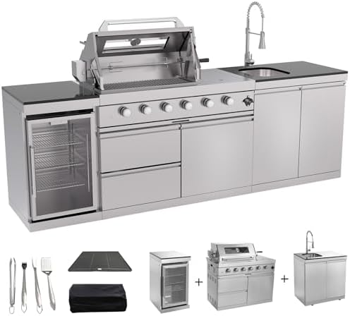 Outdoor Kitchen Island 98.4 Inch, 72000 BTU Gas Grill Combination With Refrigerator and Sink, Outdoor Stainless Steel Barbecue Bar, Natural Gas Barbecue Grill for Patios, Gardens, Parties by Qeeka