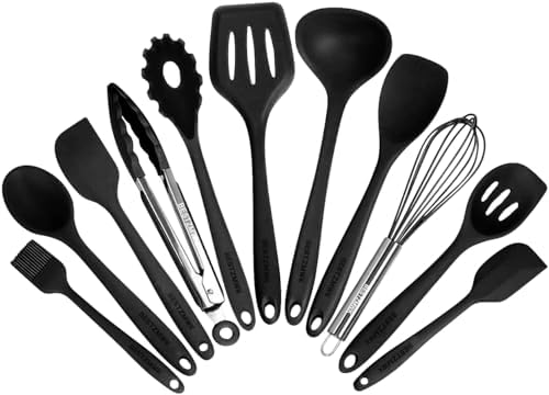 Kitchen Utensil Set - 11 Cooking Utensils - Colorful Silicone Kitchen Utensils - Nonstick Cookware with Spatula Set - Colored Best Kitchen Tools Kitchen Gadgets (Black) by BESTZMWK