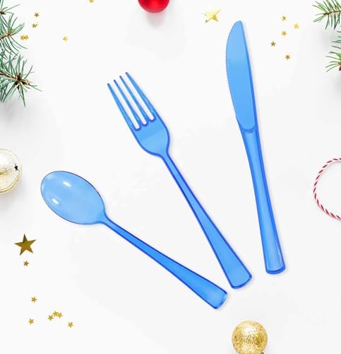 HEIPINIUYE 75 Pack Royal Blue Clear Plastic Cutlery Heavy Duty Clear Blue Plastic Knives Forks and Spoons Disposable Silverware Set for 25 Guest Camping Birthday Baby Shower Party Utensil Set - Image 4