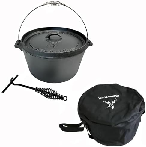9 Quart Cast Iron Dutch Oven Pre-Seasoned Camp Pot with 10 inch Black Steel Lid Lifter and Polyester Carrybag by Kookantage
