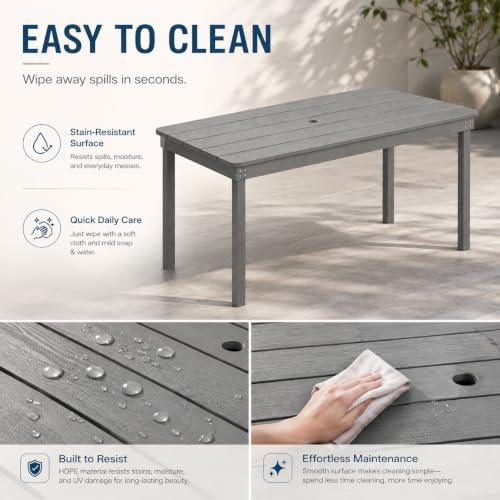 67" Rectangular Outdoor Dining Table, All-Weather HDPE Patio Table for 6-8 Person, Large Composite Wood Furniture with Umbrella Hole for Backyard Deck Garden Poolside, Gray - Image 6