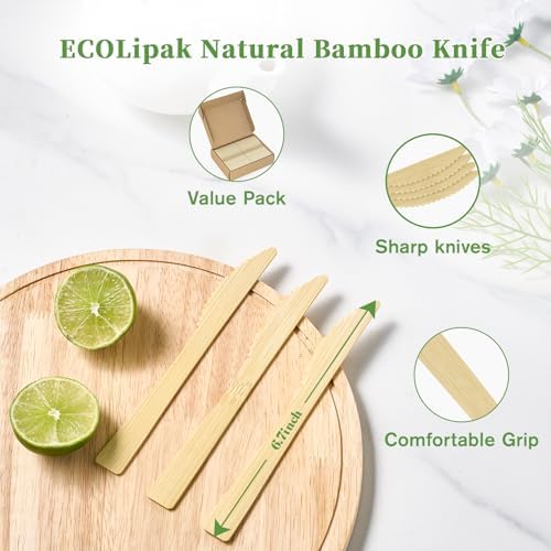 ECOLipak 300 Count Disposable Compostable Bamboo Knives for Party, Dinner - Image 3
