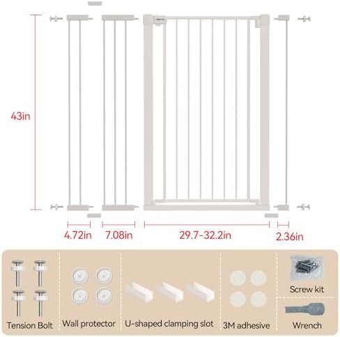 43 inch Tall Safety Dog Gate Adjustable 29.7-45.2 inch Extra-Wide Metal Pet Gate Drill-Free Pressure-Mount Installation kit Self-Closing Cat Gate for Stairwells、Doorways（White） - Image 2