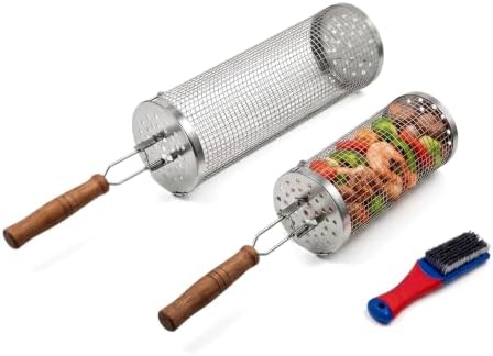 Rolling Grill Baskets, Removable Wooden Handle, Nesting BBQ Tools by Unknown