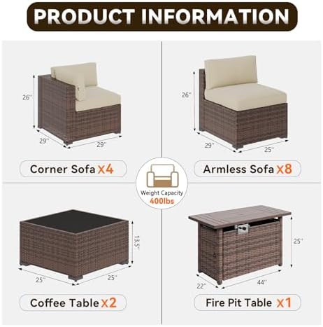 Aoxun Patio Furniture Sets, 15-Piece Outdoor Patio Furniture with 44'' Propane Gas Firepit Table, Wicker Outdoor Conversation Set Sectional Sofa for Backyard, Poolside, Garden - Image 2