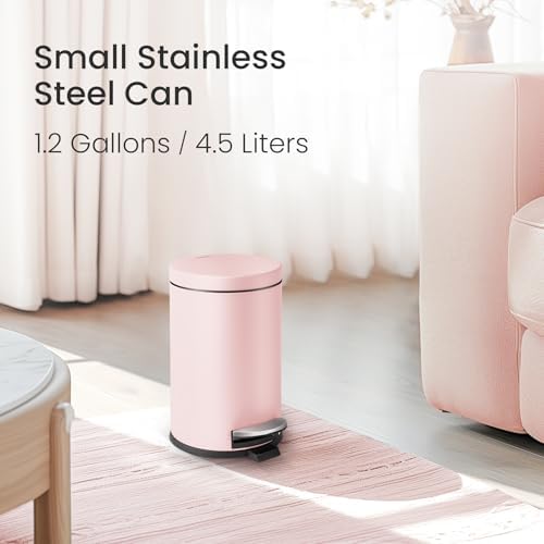 Cesun Small Round Bathroom Trash Can with Lid Soft Close, 1.2 Gal, Pink - Image 2