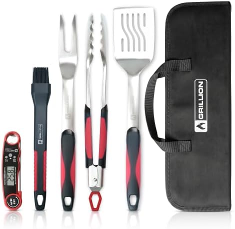 5PCS Grilling Tools for Outdoor Grills - Premium Grilling Utensil Set - Spatula, Tongs, Fork, Thermometer & Brush with Carrying Bag - BBQ Grill Sets for Men - BBQ Grill Accessories Gifts by GRILLION