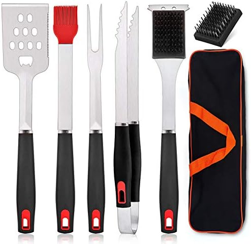 HaSteeL BBQ Grill Accessories Set of 7, Stainless Steel Grilling Tools Set with Storage Bag, Heavy Duty Grill Spatula, Tong, Fork, Basting Brush, Cleaning Brush, Dishwasher Safe & Man’s Gift by HaSteeL