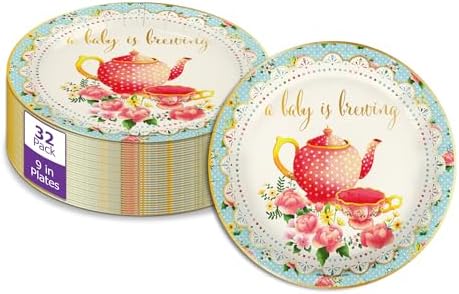 Birthday Galore A Baby Is Brewing Baby Shower - 32 Piece Disposable Party Supplies - Tea Party Shower Decorations - Round Party Plates - Large 9" Paper Plates In Bulk by BirthdayGalore