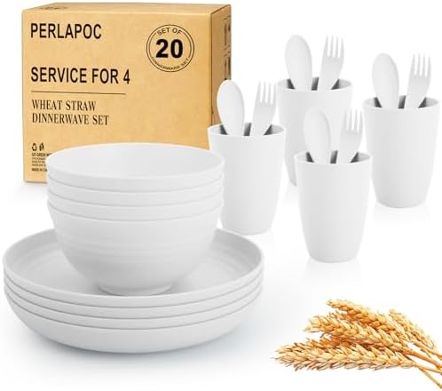 Wheat Straw Dinnerware Sets Service for 4, Unbreakable Kids Plates and Bowls Set 20 PCS, Microwave & Dishwasher Safe Dishes Set for Dinner, Kitchen, Camping, PV, Dorm - White by Perlapoc
