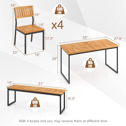 Tangkula 6 Pieces Outdoor Acacia Wood Dining Set, Patio Table and Chairs Set with Bench and 2” Umbrella Hole, Outdoor Patio Dining Furniture Set for Lawn, Garden, Poolside, Backyard - Image 5