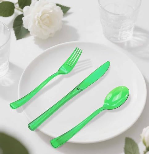 HEIPINIUYE 75 Pack Green Clear Plastic Cutlery Heavy Duty Clear Green Plastic Knives Forks and Spoons Disposable Silverware Set for 25 Guest Camping Birthday Baby Shower Party Utensil Set - Image 7