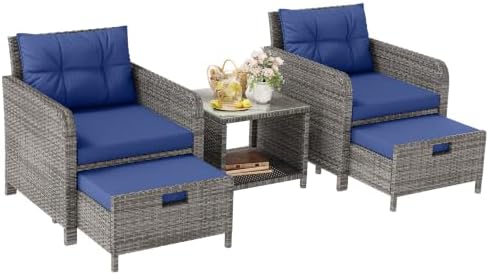 LHBcraft 5 Piece Patio Furniture Set, PE Wicker Outdoor Furniture Set with Soft Cushions & Coffee Table, Outdoor Lounge Chairs with Ottoman for Porch, Lawn, Balcony, Blue-Grey by LHBcraft-US