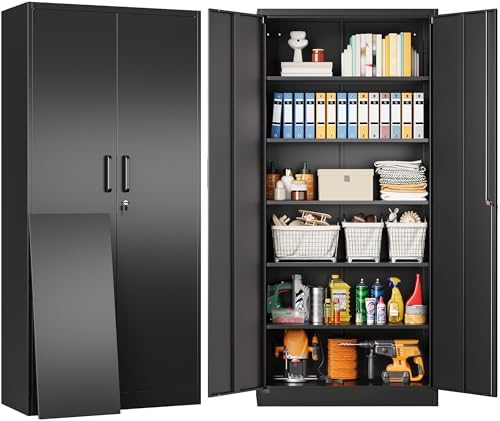 SISESOL Metal Storage Cabinet with 2 Doors and 6 Shelves,Black Metal Cabinet with Lock,71" Lockable Garage Storage Cabinets,Locking File Cabinet,Steel Tool Cabinets for Home,Office,Garage,Shop,School by SISESOL