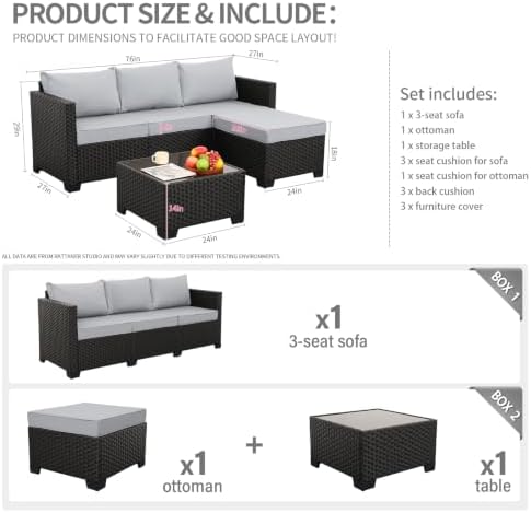 Rattaner 3 Pieces Patio Furniture Set Outdoor Sectional Wicker Patio Furniture Patio Couch with Ottoman and Outdoor Table All-Weather Anti-Slip Cushions Waterproof Covers, Light Grey - Image 4