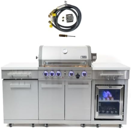 Mont Alpi Premium 70"W x 24"D Stainless Steel Outdoor Kitchen Island with Refrigerator + 32"W 4-Burner BBQ Grill + Infrared Burner + Storage Cabinets + Granite Countertops + Natural Gas Conversion Kit by MontAlpi