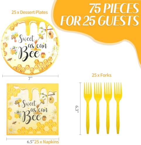 75PCS Bee Decorations for Party, Sweet as Can Bee Paper Plates and Napkins with Forks Disposable Dessert Tableware Parties Favors for Birthday Party Supplies Decorations - Image 3