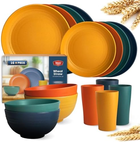Teivio 16-Piece Kitchen Plastic Wheat Straw Dinnerware Set, Service for 4, Dinner Plates, Dessert Plate, Cereal Bowls, Cups, Unbreakable Plastic Outdoor Camping Dishes, Autumn Multicolor by Teivio